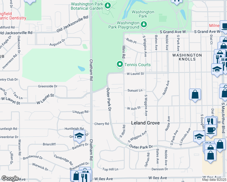 map of restaurants, bars, coffee shops, grocery stores, and more near 2001 Outer Park Drive in Leland Grove