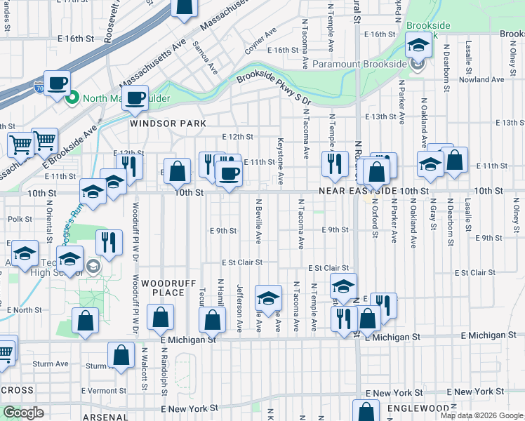 map of restaurants, bars, coffee shops, grocery stores, and more near 915 North Beville Avenue in Indianapolis
