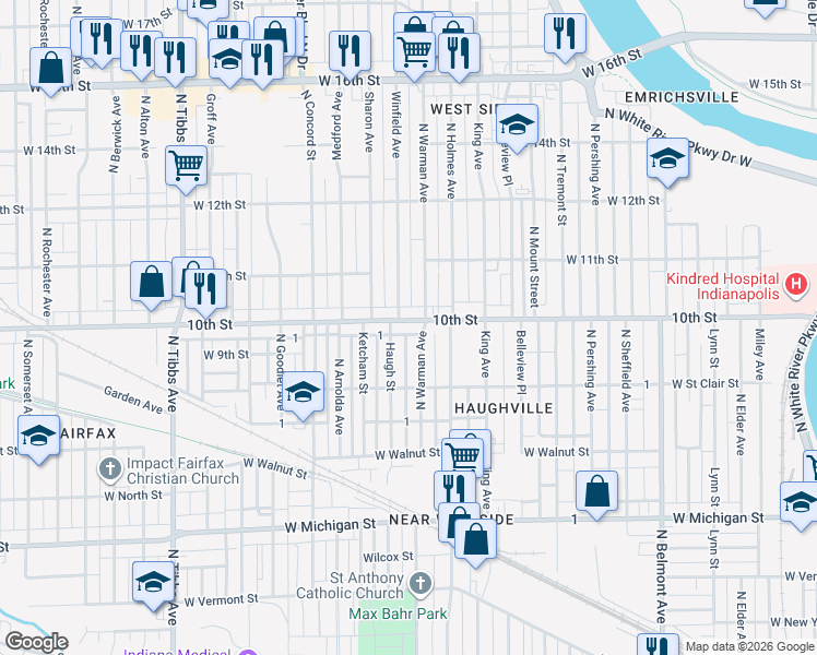 map of restaurants, bars, coffee shops, grocery stores, and more near 952 North Warman Avenue in Indianapolis