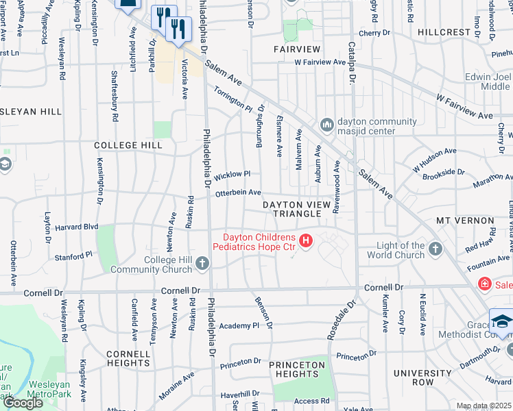 map of restaurants, bars, coffee shops, grocery stores, and more near 525 Alameda Place in Dayton