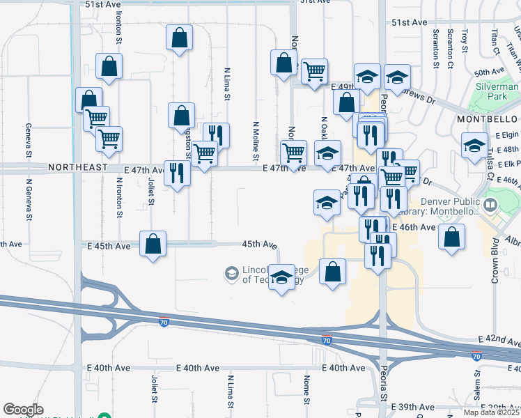 map of restaurants, bars, coffee shops, grocery stores, and more near 11551 East 45th Avenue in Denver
