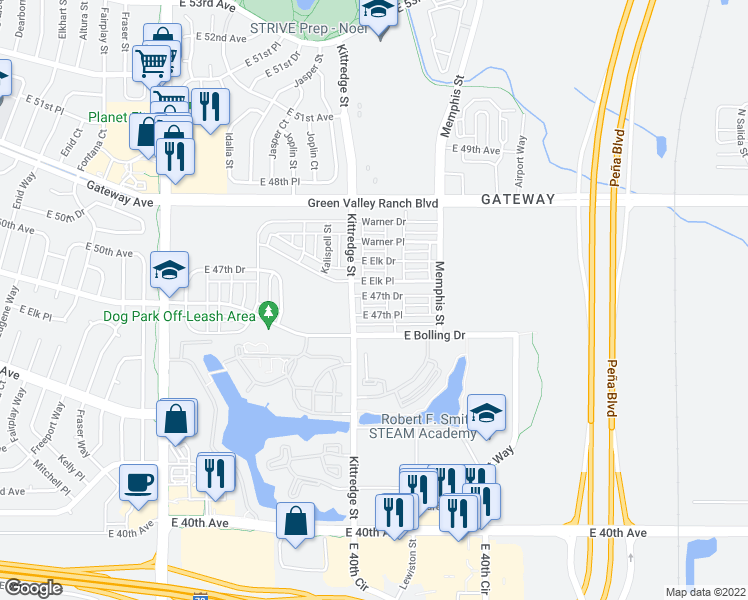 map of restaurants, bars, coffee shops, grocery stores, and more near 16030 East 47th Drive in Denver
