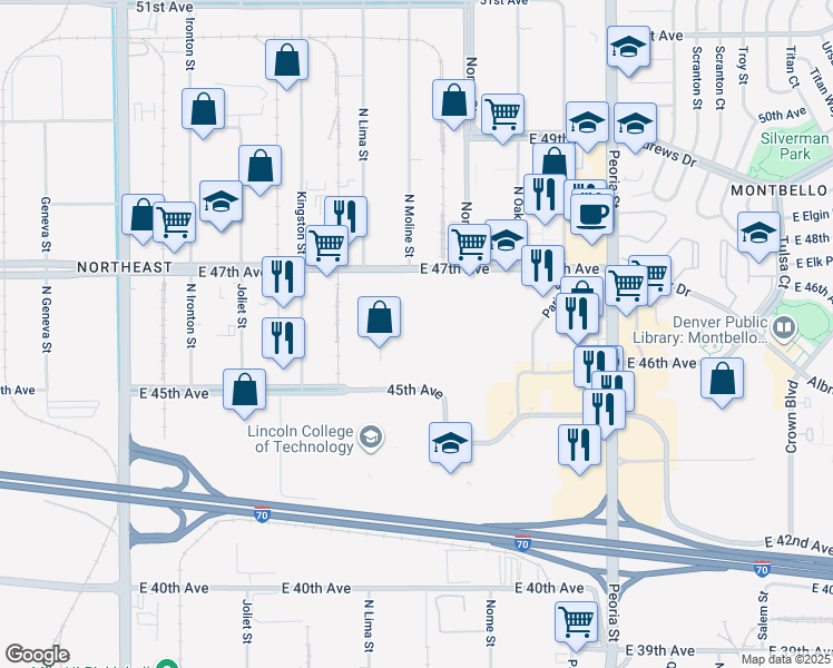 map of restaurants, bars, coffee shops, grocery stores, and more near 11551 East 45th Avenue in Denver
