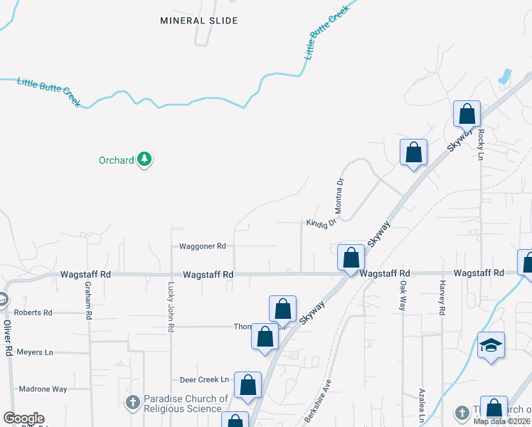 map of restaurants, bars, coffee shops, grocery stores, and more near 981 Waggoner Road in Paradise