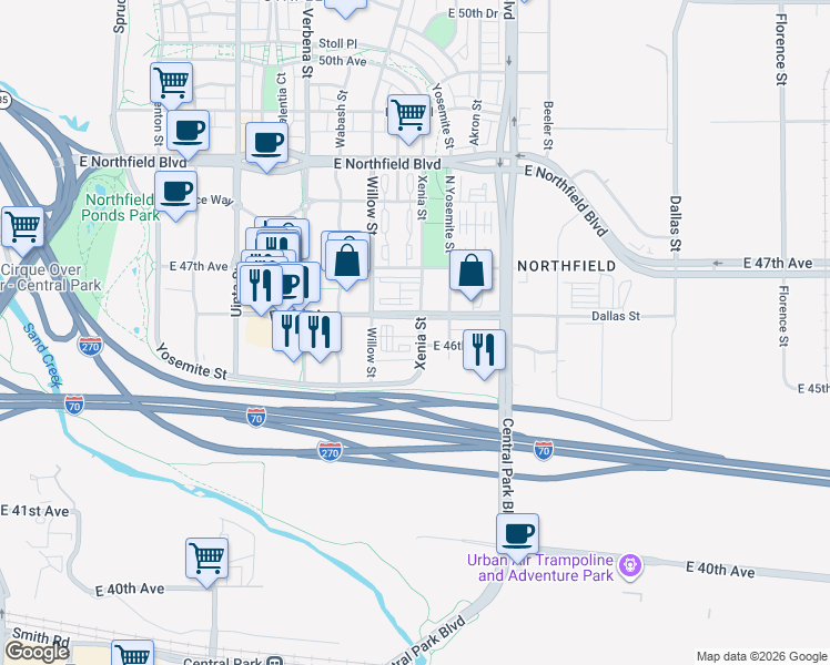 map of restaurants, bars, coffee shops, grocery stores, and more near 4523 Xenia Street in Denver