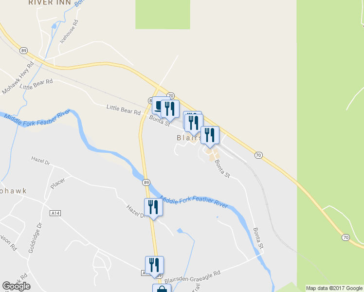 map of restaurants, bars, coffee shops, grocery stores, and more near Second Street in Blairsden