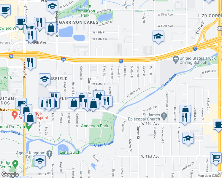 map of restaurants, bars, coffee shops, grocery stores, and more near 4578 Everett Court in Wheat Ridge