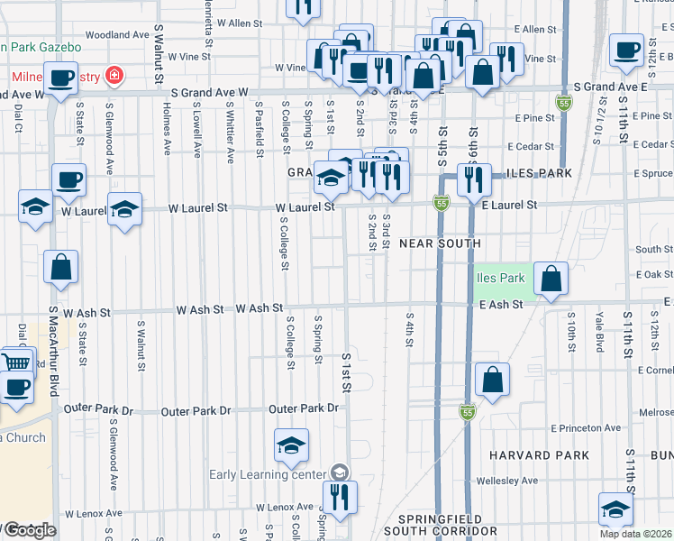 map of restaurants, bars, coffee shops, grocery stores, and more near 1917 South 1st Street in Springfield