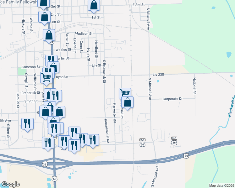 map of restaurants, bars, coffee shops, grocery stores, and more near 400-898 Harvester Road in Chillicothe