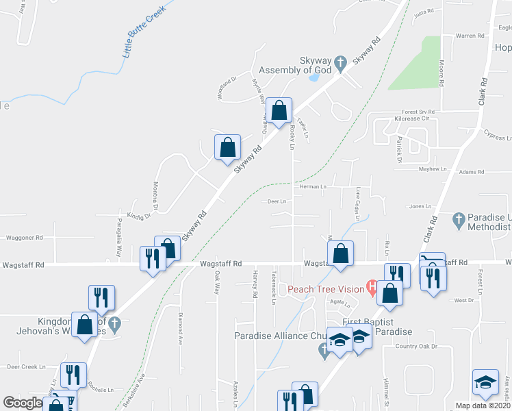 map of restaurants, bars, coffee shops, grocery stores, and more near 1252 Deer Lane in Paradise