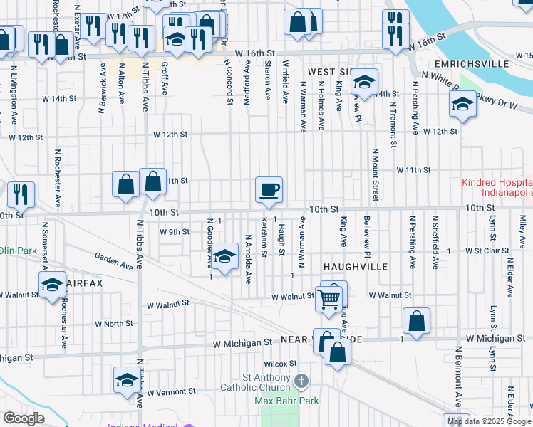 map of restaurants, bars, coffee shops, grocery stores, and more near 2937 West 10th Street in Indianapolis