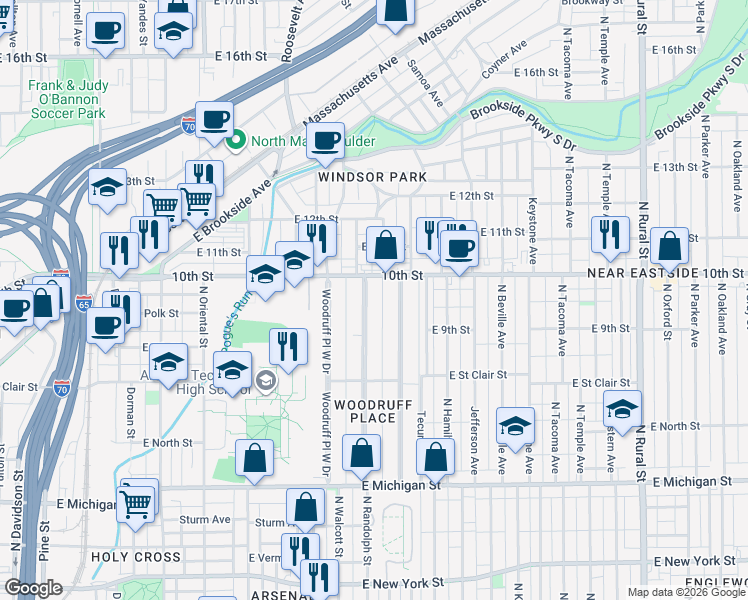 map of restaurants, bars, coffee shops, grocery stores, and more near 901 Woodruff Place Middle Drive in Indianapolis
