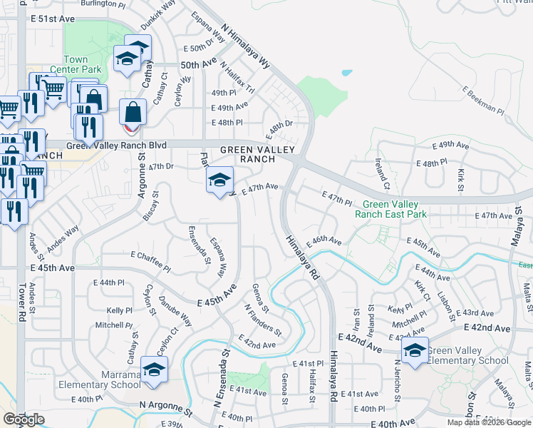 map of restaurants, bars, coffee shops, grocery stores, and more near 4619 Gibraltar Street in Denver
