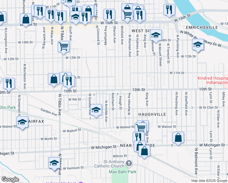 map of restaurants, bars, coffee shops, grocery stores, and more near 952 Haugh Street in Indianapolis