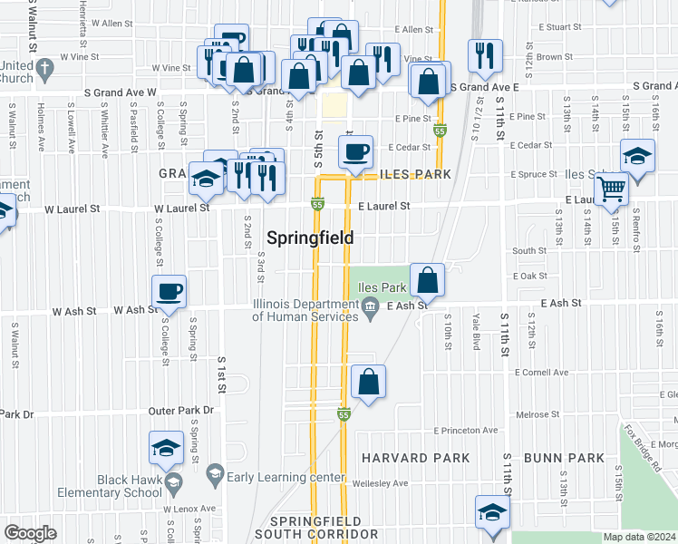 map of restaurants, bars, coffee shops, grocery stores, and more near 2005 South 6th Street in Springfield