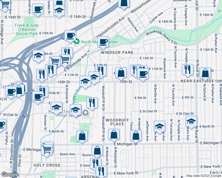 map of restaurants, bars, coffee shops, grocery stores, and more near 940 Woodruff Place Middle Drive in Indianapolis