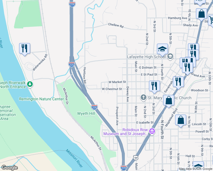 map of restaurants, bars, coffee shops, grocery stores, and more near 1723 Elwood Street in Saint Joseph