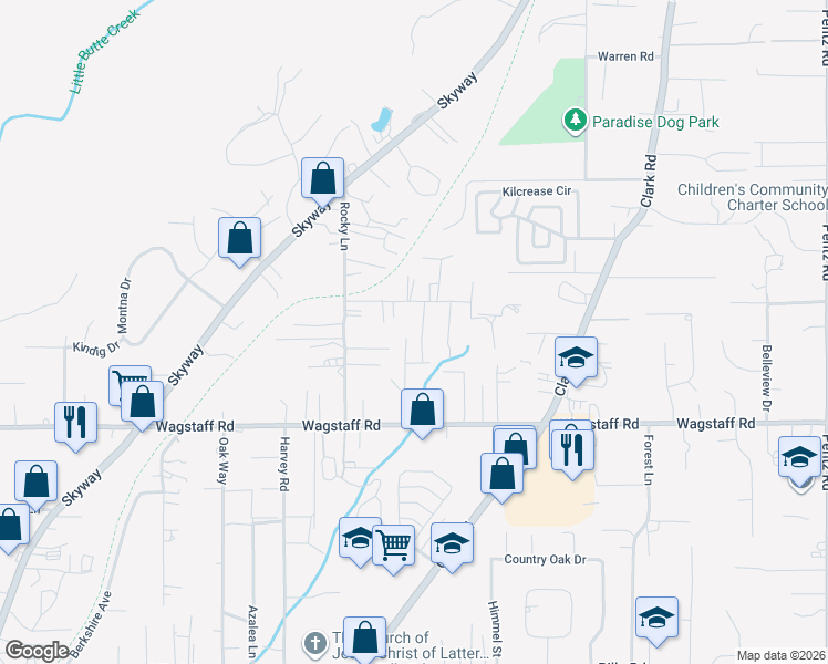 map of restaurants, bars, coffee shops, grocery stores, and more near 6479 Simon Way in Paradise