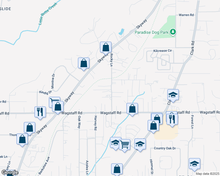 map of restaurants, bars, coffee shops, grocery stores, and more near 1296 Deer Lane in Paradise