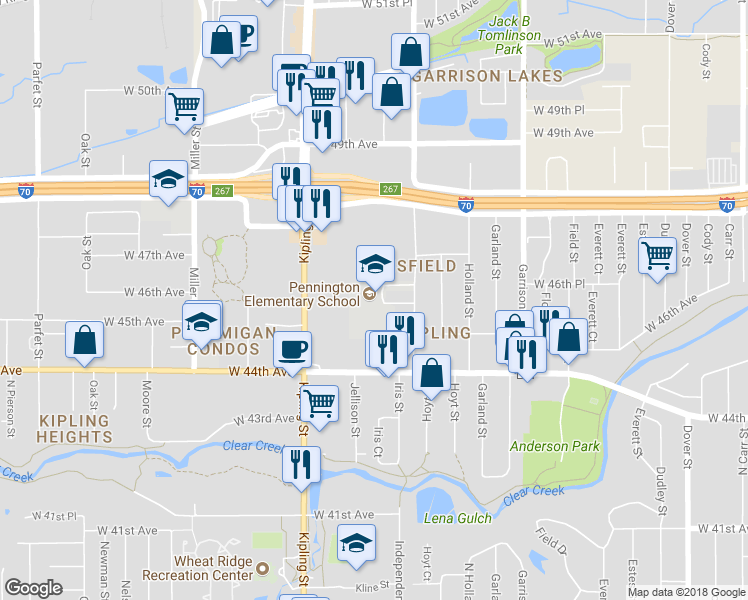 map of restaurants, bars, coffee shops, grocery stores, and more near 4645 Independence Street in Wheat Ridge