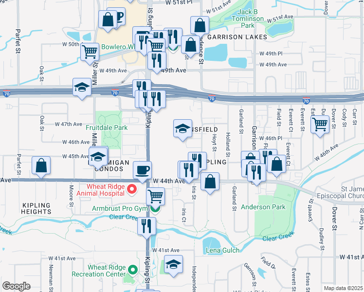 map of restaurants, bars, coffee shops, grocery stores, and more near 4645 Independence Street in Wheat Ridge