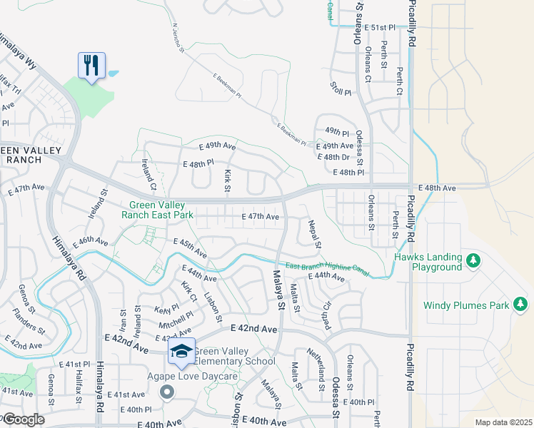 map of restaurants, bars, coffee shops, grocery stores, and more near 20884 East 47th Avenue in Denver