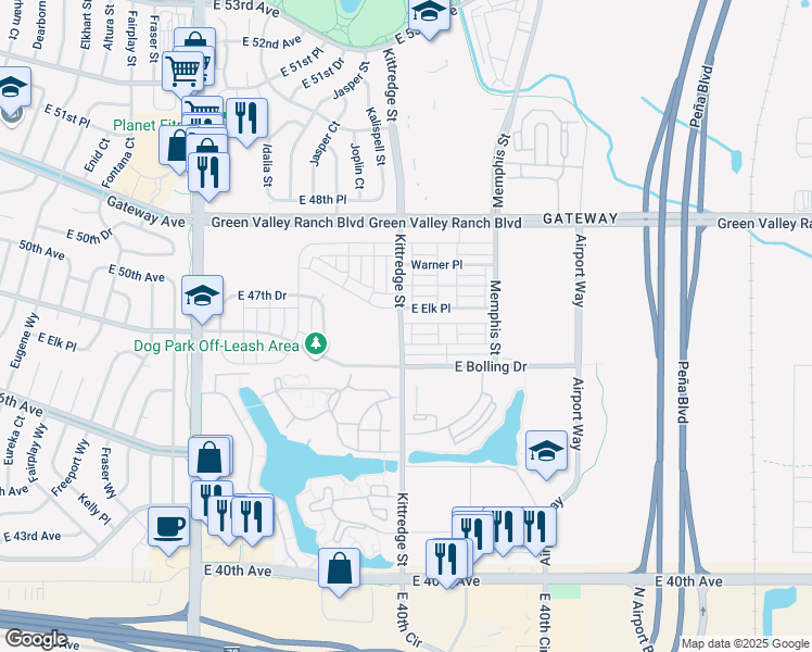 map of restaurants, bars, coffee shops, grocery stores, and more near 16002 East 47th Place in Denver
