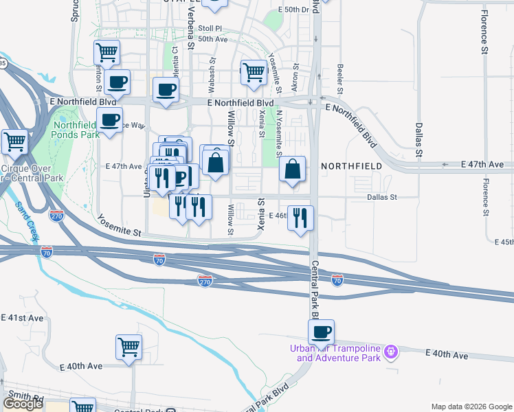 map of restaurants, bars, coffee shops, grocery stores, and more near 4523 Xenia Street in Denver
