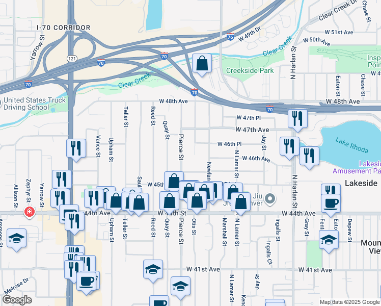 map of restaurants, bars, coffee shops, grocery stores, and more near 4581 Pierce Street in Wheat Ridge