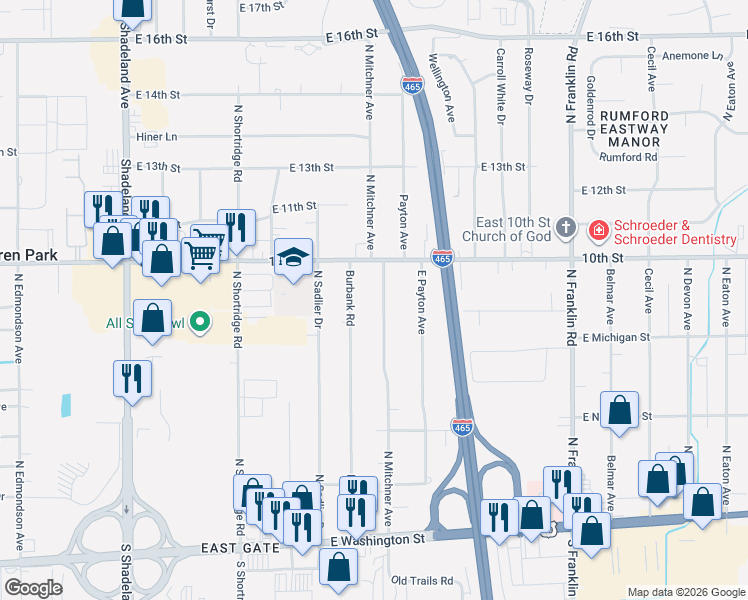 map of restaurants, bars, coffee shops, grocery stores, and more near 925 Burbank Road in Indianapolis