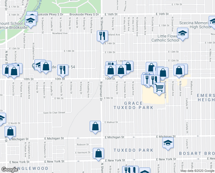 map of restaurants, bars, coffee shops, grocery stores, and more near 928 North Bradley Avenue in Indianapolis