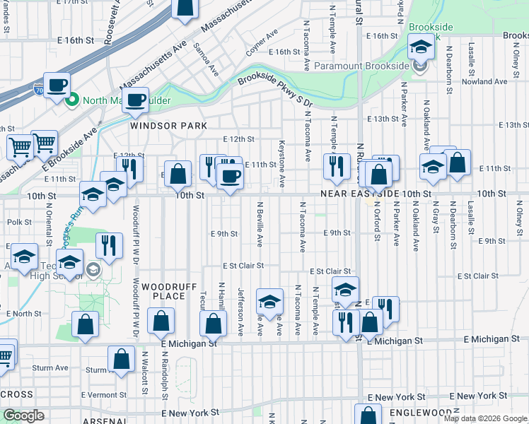map of restaurants, bars, coffee shops, grocery stores, and more near 915 North Beville Avenue in Indianapolis