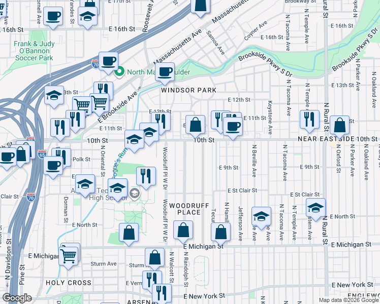 map of restaurants, bars, coffee shops, grocery stores, and more near 901 Woodruff Place Middle Drive in Indianapolis