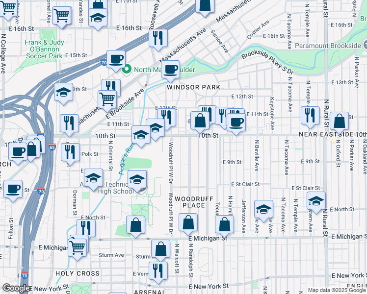 map of restaurants, bars, coffee shops, grocery stores, and more near 901 Woodruff Place Middle Drive in Indianapolis