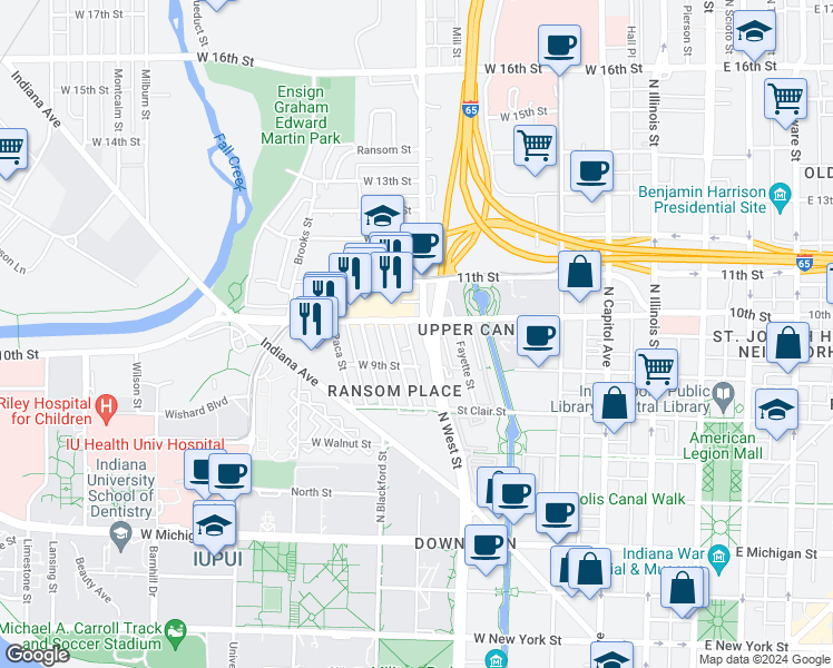 map of restaurants, bars, coffee shops, grocery stores, and more near 915 North California Street in Indianapolis