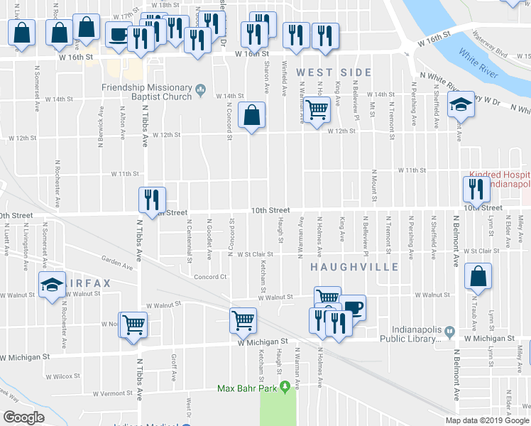 map of restaurants, bars, coffee shops, grocery stores, and more near 952 Haugh Street in Indianapolis