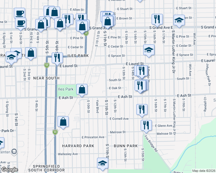 map of restaurants, bars, coffee shops, grocery stores, and more near 1124 East Oak Street in Springfield