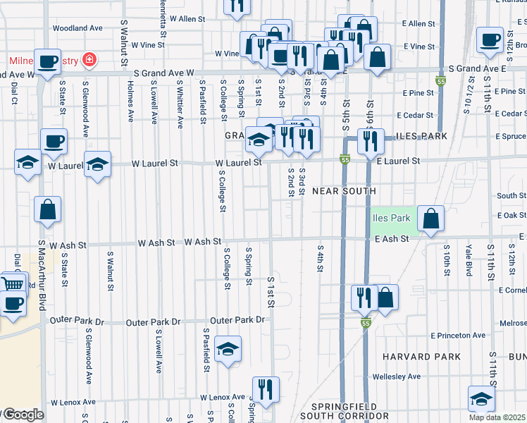 map of restaurants, bars, coffee shops, grocery stores, and more near 1917 South 1st Street in Springfield