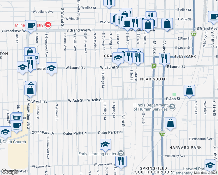 map of restaurants, bars, coffee shops, grocery stores, and more near 1941 South Spring Street in Springfield