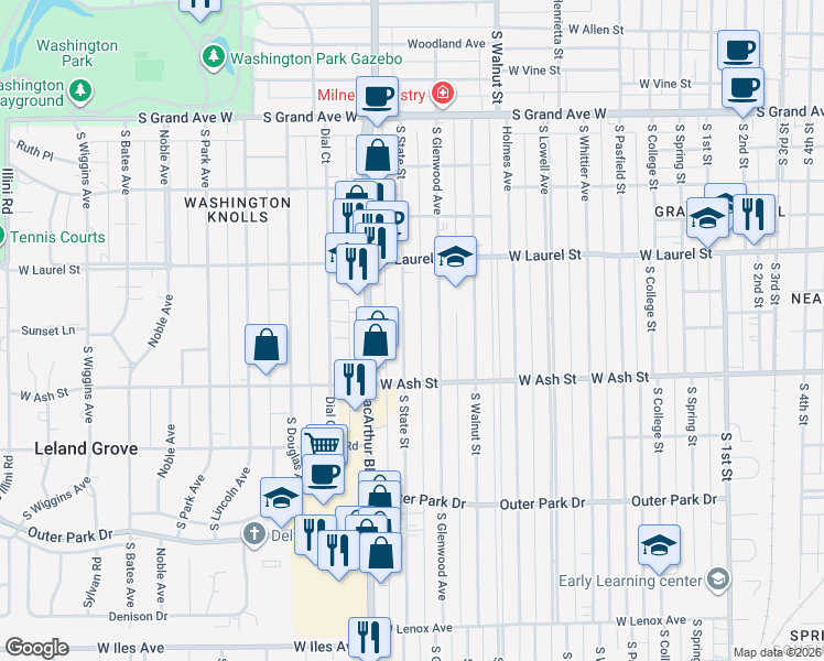 map of restaurants, bars, coffee shops, grocery stores, and more near 1913 South State Street in Springfield