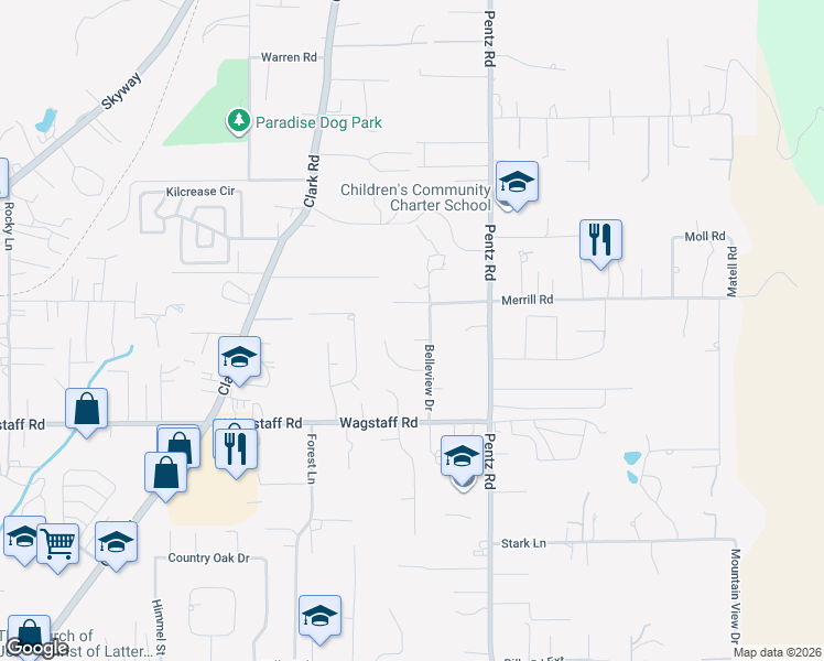 map of restaurants, bars, coffee shops, grocery stores, and more near 1673 Robin Place in Paradise