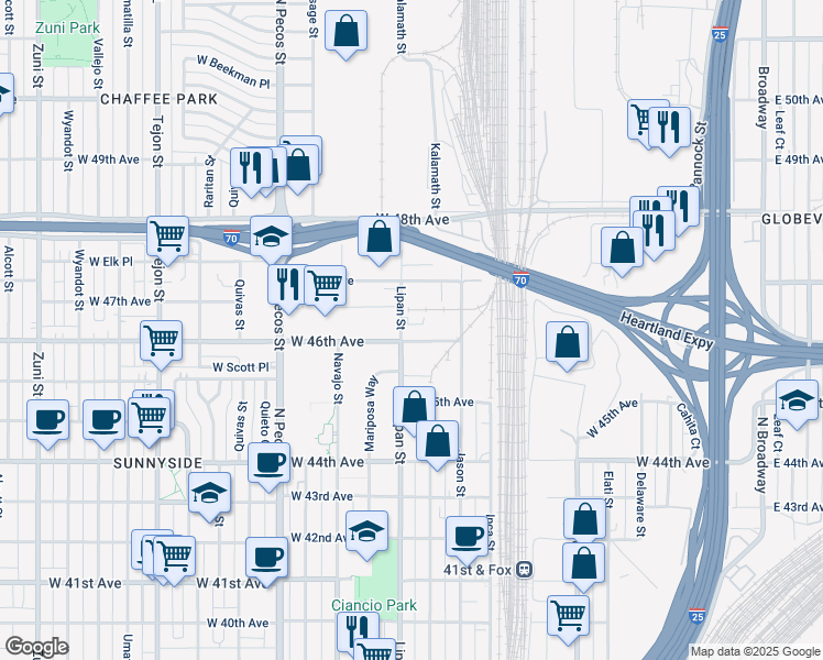 map of restaurants, bars, coffee shops, grocery stores, and more near 1170 West 46th Avenue in Denver