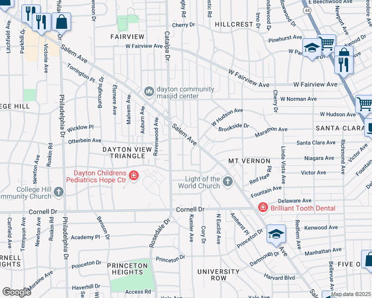 map of restaurants, bars, coffee shops, grocery stores, and more near 1720 Manor Place in Dayton
