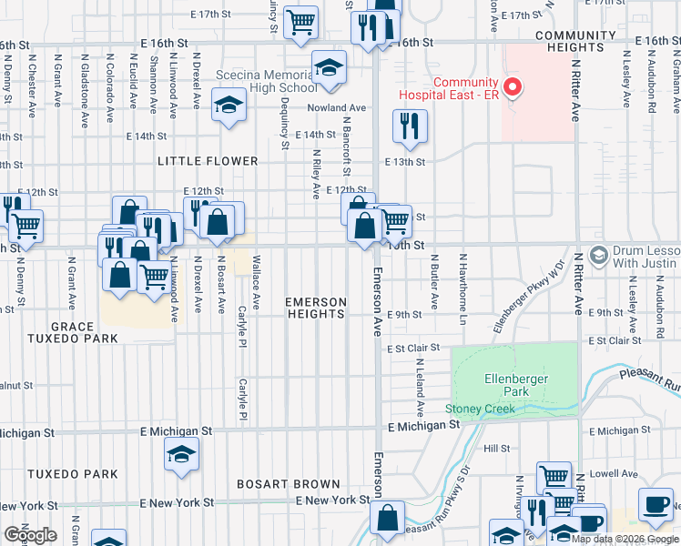 map of restaurants, bars, coffee shops, grocery stores, and more near 832 North Bancroft Street in Indianapolis