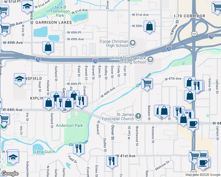 map of restaurants, bars, coffee shops, grocery stores, and more near 4653 Dover Street in Wheat Ridge