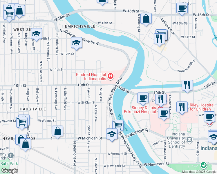 map of restaurants, bars, coffee shops, grocery stores, and more near 1717 West 10th Street in Indianapolis