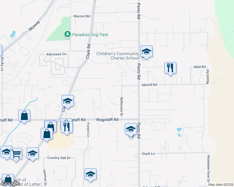 map of restaurants, bars, coffee shops, grocery stores, and more near 1673 Robin Place in Paradise