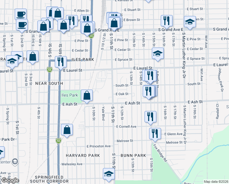 map of restaurants, bars, coffee shops, grocery stores, and more near 1124 East Oak Street in Springfield