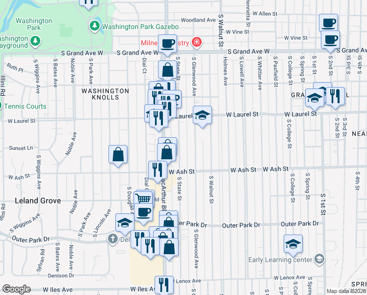 map of restaurants, bars, coffee shops, grocery stores, and more near 1913 South State Street in Springfield