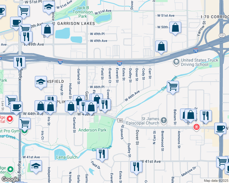 map of restaurants, bars, coffee shops, grocery stores, and more near 4583 Everett Street in Wheat Ridge